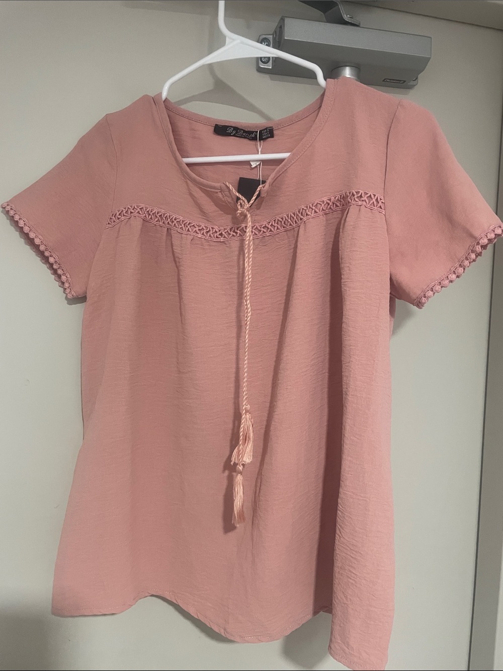 Aris Dusty Rose Short Sleeve Tassel Peasant Blouse